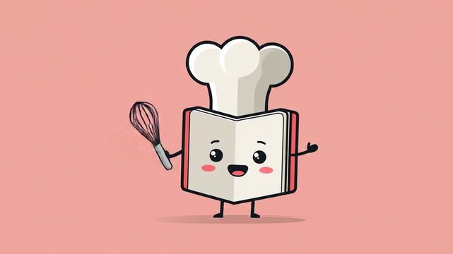 Cute cartoon book character with chef's hat and whisk.  Friendly expression