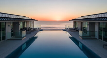 Fototapeta premium Luxury coastal minimalist house with rooftop solar panels and infinity pool, drone sunset shot for premium real estate and eco branding