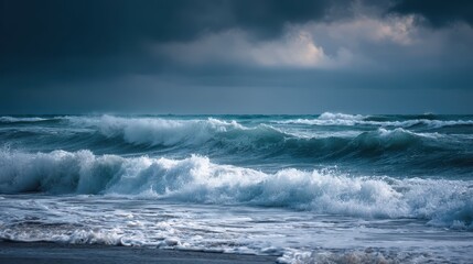 Fototapeta premium Stormy Ocean Waves Under Dark Sky with Rolling Clouds