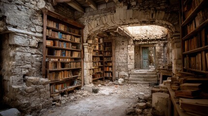 Old Library Ruins with Cracked Stone and Dusty Bookshelves