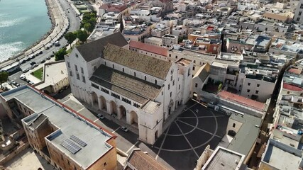 Aerial view of the Basilica of Saint Nicholas in Bari, Apulia, southern Italy. Romanesque church, historic landmark and famous pilgrimage site on the Adriatic coast