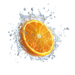 Fresh orange slice splash white background