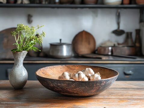 A garlic is in the bowl laid on kitchen table.