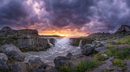 Obraz premium Powerful Waterfall Scene During Sunset with Dramatic Cloudy Sky and Rocky Landscape