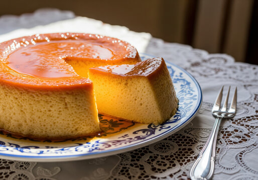 Golden caramel glazed Pudim Abade de Priscos served on ornate ceramic plate