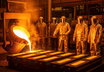 Molten gold flows into molds as refinery glows with intense golden light