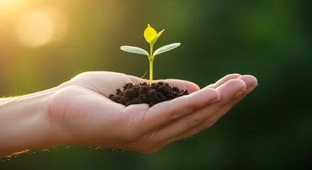 Fototapeta premium Human hand cradling tiny seedling, soft golden sunlight with blurred green bokeh, symbolic growth photography for sustainability and premium advertising