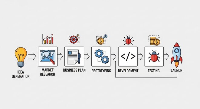 From Lightbulb Idea to Rocket Launch A Visual Guide to the Startup Development Process.