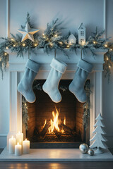 Cozy Christmas Fireplace Scene with Festive Decorations, Stockings, Pine Branches, String Lights, and Ornaments — Warm Holiday Interior Photography for Winter Celebrations. Cold tones