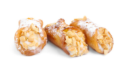 Delicious cannoli with ricotta cheese, peanuts and powdered sugar isolated on white
