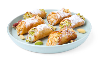 Delicious cannoli with ricotta cheese, peanuts, pistachios and powdered sugar isolated on white