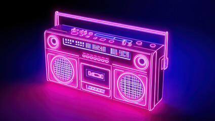 Retro boombox glowing in neon lights, vibrant 80s-inspired design, dynamic music vibe with glowing highlights and urban aesthetic.