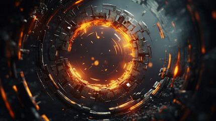 Obraz premium Exploding futuristic glass HUD interface with glowing orange core and shattered fragments in a dark sci-fi technology scene