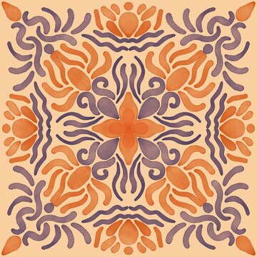 Traditional ceramic tile with warm terracotta and navy blue motif