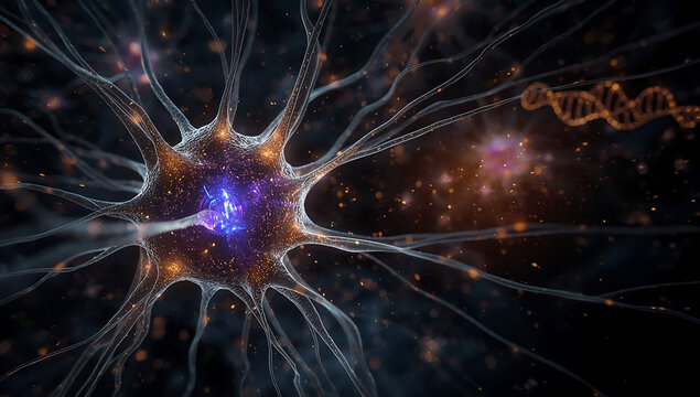 Glowing Neuron with Branching Dendrites and DNA Strands in Futuristic Neural Network Concept - Powered by Adobe