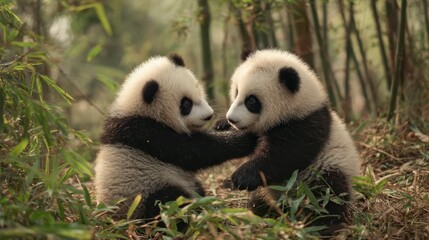 Fototapeta premium Playful Pandas Wrestling in a Tranquil Bamboo Grove