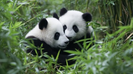 Fototapeta premium Playful Pandas Wrestling in a Bamboo Grove Surrounded by Greenery