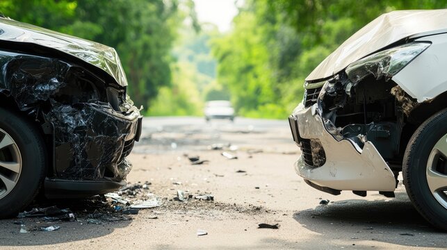 A close-up view of two damaged cars after a collision on a tree-lined road, highlighting the consequences of car accidents and the importance of road safety.