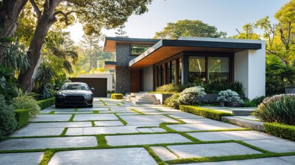 A large house with a black car parked in front of it. The house has a modern design and is surrounded by a lush green garden