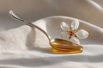 single drop of honey glistens on silver spoon resting delicately against backdrop of soft linen