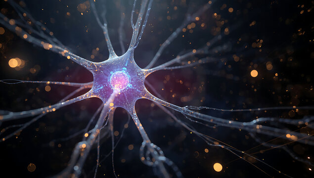 Glowing Neuron with Branching Dendrites and DNA Strands in Futuristic Neural Network Concept