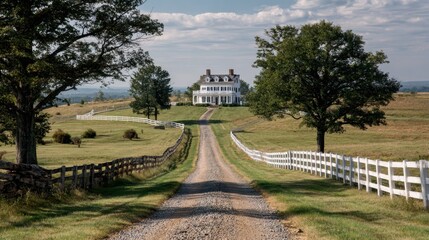 A long dirt road with a white fence on both sides and a large white house in the distance. The road is surrounded by a lush green field, and the house appears to be a farmhouse. The scene is peaceful