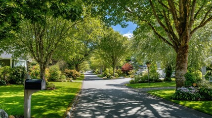 A street with a mailbox on the left side and a house on the right. The street is lined with trees and has a sidewalk