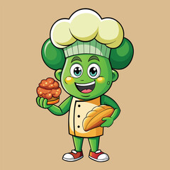 broccoli-head baker cartoon character smiles while holding a loaf of bread
