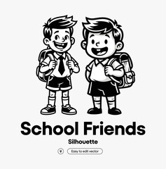 Two school friends with backpacks, black and white