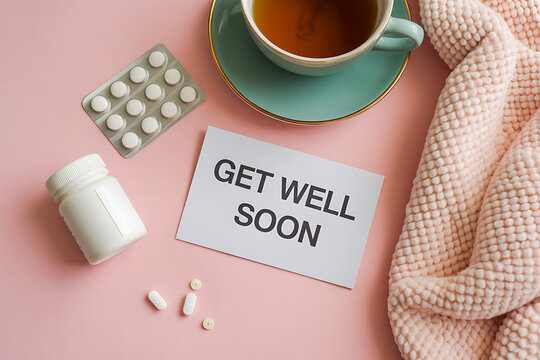 Warm wishes for a speedy recovery, sending love and healing thoughts with tea, medicine, and a cozy blanket for comfort and care during illness