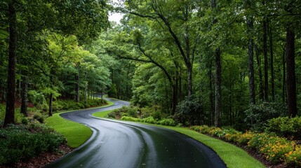 Obraz premium A winding road in a forest with trees on both sides. The road is wet and the trees are green