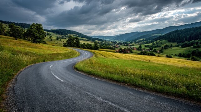 A long road with a curve and a hill in the background. The road is empty and the sky is cloudy