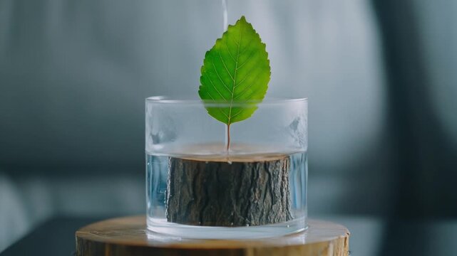 Refreshing Life: Water Nourishing Green Leaf in Glass with Wood Base - Growth Concept