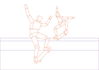 Two model figure mannequins are skateboarding in the field