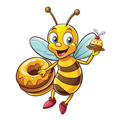 cartoon bee happily holds a sweet honey donut with a smile