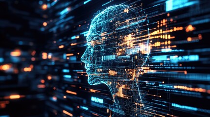 A futuristic digital representation of a human head, showcasing data flow and neural networks, symbolizing the intersection of human intelligence and advanced technology.