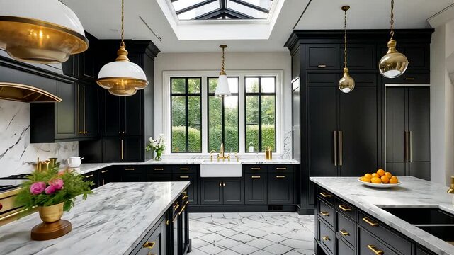 Stylish modern kitchen with black cabinets, marble countertops, golden lights and large bright window view