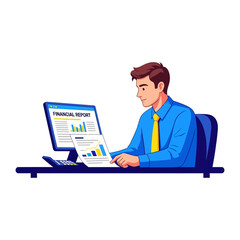 Business analysis at desk: An illustration captures a focused professional engrossed in analyzing financial reports at a sleek desk.