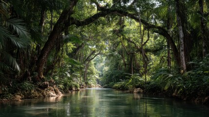 Obraz premium Lush Rainforest River Surrounded by Dense Jungle Canopy