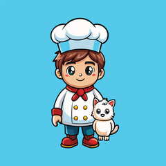 Cute white cat dressed as a chef holds cooking tools with a happy smile