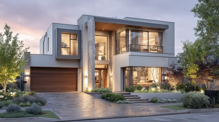 A large house with a garage and a driveway. The house is well lit and has a modern design