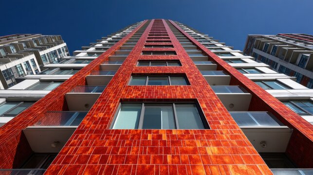 A tall red building with many windows. The building is very tall and has a lot of windows