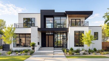 Fototapeta premium A large, modern house with a white exterior and black trim. The house has a large front porch and a large window on the front. The house is surrounded by a lush green lawn and a few trees