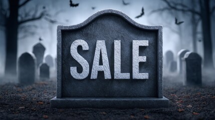 Spooky halloween festival sale sign in foggy graveyard scene eerie atmosphere engaging content for seasonal promotions