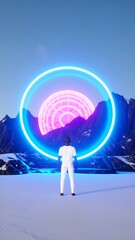 Obraz premium A person stands before a glowing portal in a snowy landscape