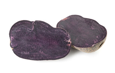 Cut fresh ripe purple potato isolated on white