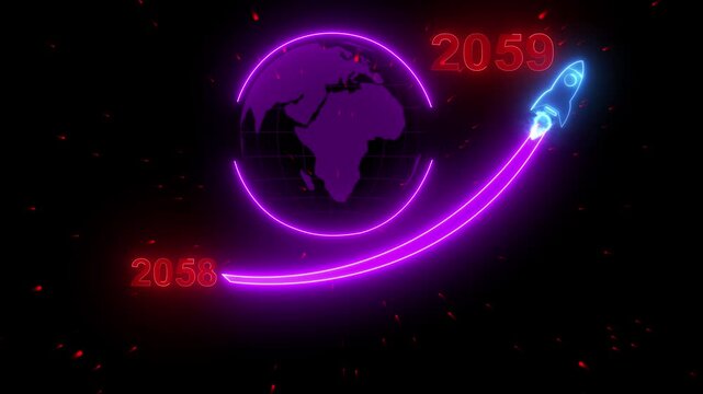 2059 concept of new year beginning, happy celebration, festival, new life, growth of business, startup. Businessman shows glowing neon line word of 2059 with rocket icon on black background.