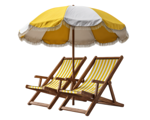 Pair of yellow striped beach chairs with wooden frames under large yellow and white umbrella, evoking relaxing summer vacation atmosphere
