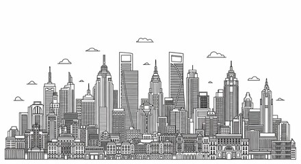 Fototapeta premium Stylized Architectural Panorama A Detailed Metropolis in Black and White Outline.