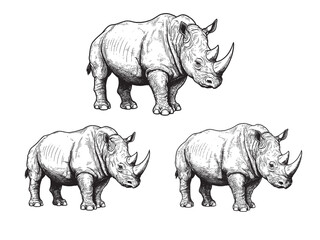 Fototapeta premium Black and white vintage engraving of rhinoceros with strong posture heavy body and bold texture